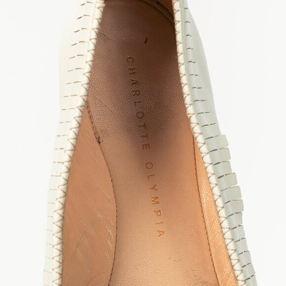 Charlotte Olympia Kitty White Leather Beaded Fringe Flats - Picture 10 of 10